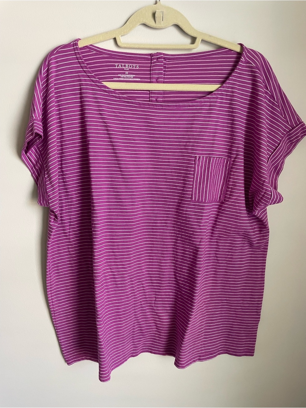 Talbots Purple & White Striped Scoop-Neck Pocket Tee